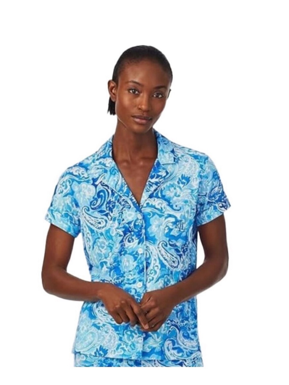 Ralph Lauren Paisley Print Short-Sleeve Pajama Top in Blue and White Sz M
